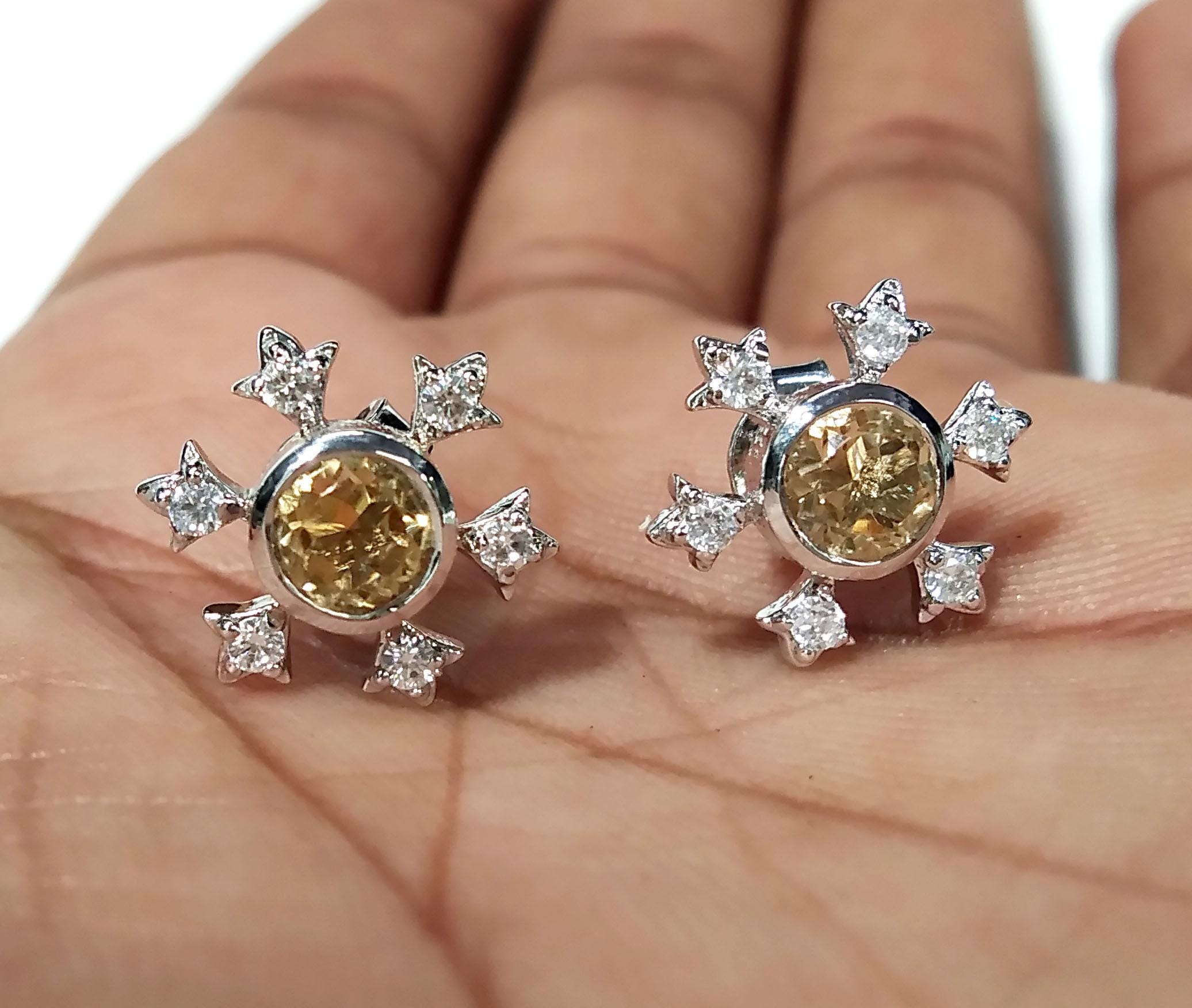 Amazing Design Citrine & White Zircon Stud Earring, 925 Starling Silver Earring, Natural Citrine Gemstone Round Shape Stone Size 5x5mm Studs